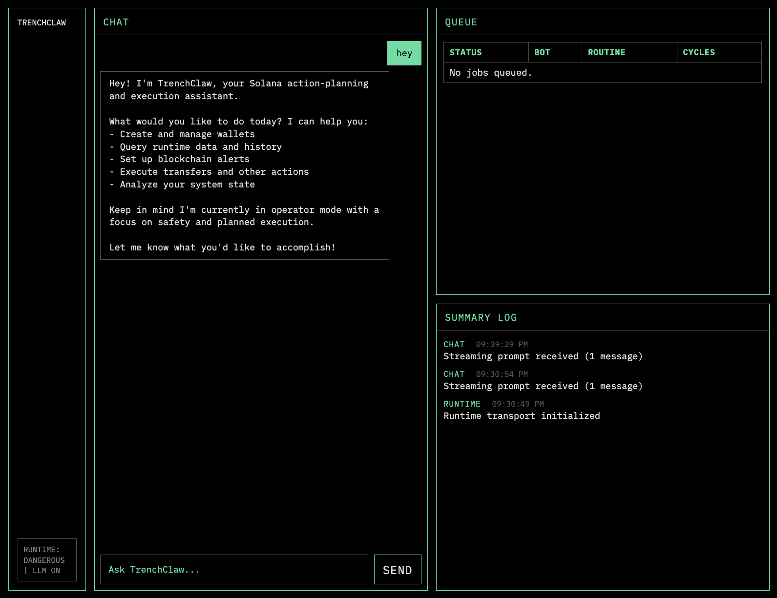 TrenchClaw runtime dashboard